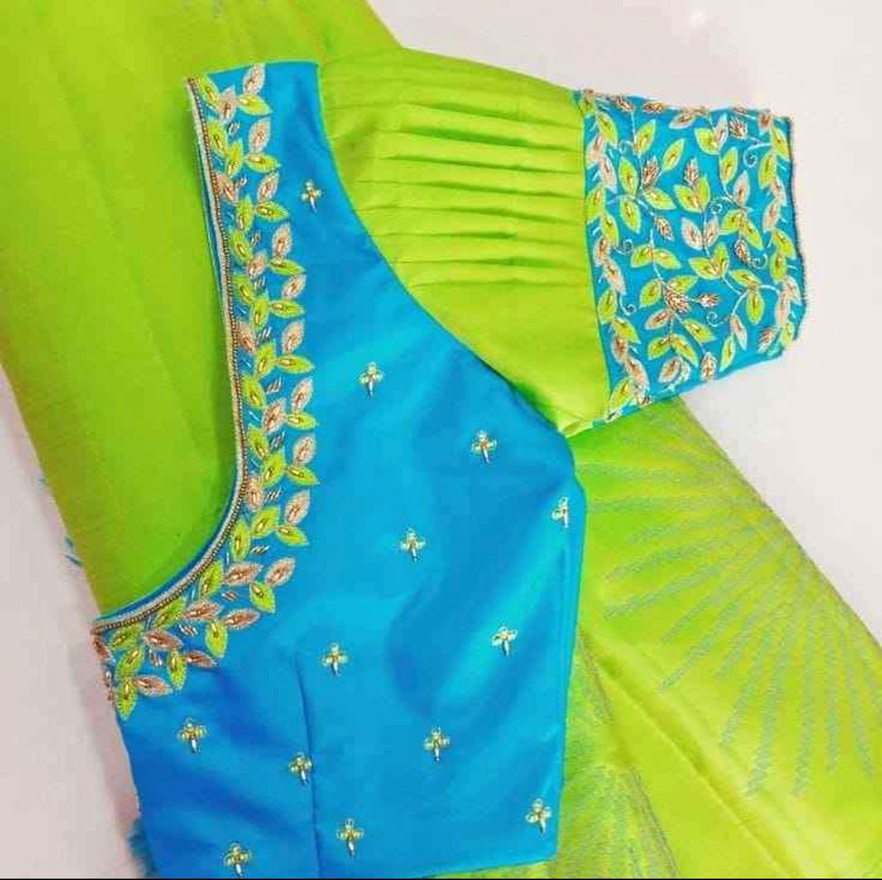 Sky Blue and Lime Green Aari Blouse